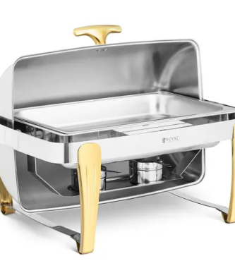 chafing dish - GN 1/1 - accents dorés - couvercle Roll-top - 9 L - 2 brûleurs - Royal Catering