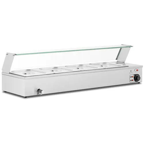 Bain-marie - 4 x GN 1/2 - Récipient - Robinet de vidange - Couvercle en verre