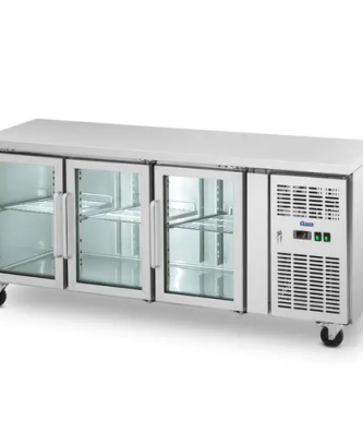Table réfrigérée sur roulettes - 410 l - 3 portes en verre - 179,5 x 70 cm - Classe B - Inox - Royal Catering