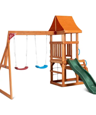 Aire de jeu extérieur - plateforme - 2 balançoires - mur d'escalade - toboggan - filet d'escalade