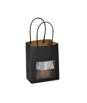 Petit sac kraft noir à poignées torsadées avec fenêtre 11,4 + 6,4 x 14,6 cm - par 25