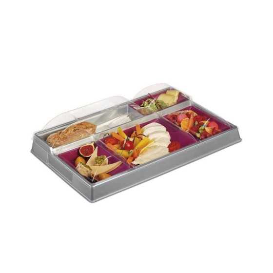 Plateau repas froid plastique 5 compartiments gris/prune avec couvercle 38,7 x 24,7 x 4,2 cm - par 20