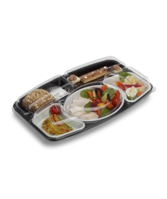 Plateau repas plastique 5 compartiments noir avec couvercle 41,2 x 25,7 x 3 cm - par 15
