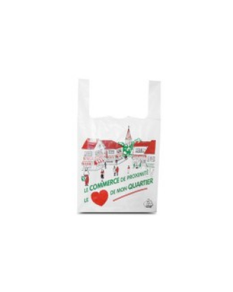 Sac bretelles plastique BD 50 microns "Commerce de proximité" 30 x 7 + 7 x 50 cm - par 500