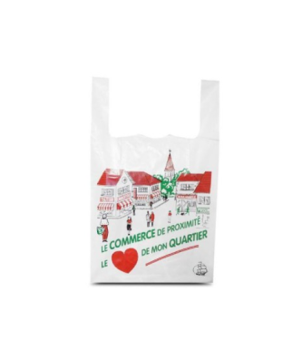 Sac bretelles plastique BD 50 microns "Commerce de proximité" 30 x 7 + 7 x 50 cm - par 500