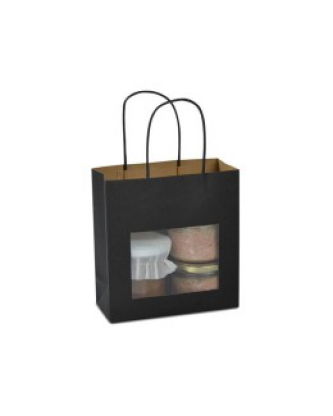 Sac papier kraft noir à poignées torsadées avec fenêtre 18 + 8 x 19 cm - par 12