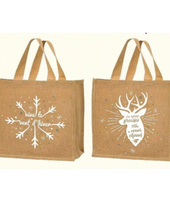 Sac réutilisable toile de jute "Joyeuses fêtes" 36 + 22 x 37 cm - par 25