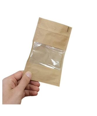 Sachet Doypack kraft brun avec zip et fenêtre 11 + 6,5 x 18,5 cm - par 100