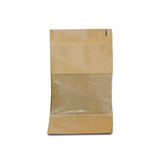 Sachet Doypack kraft brun avec zip et fenĂȘtre 16 + 8 x 27 cm - par 100