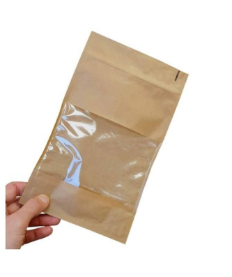 Sachet Doypack kraft brun avec zip et fenêtre 16 + 8 x 27 cm - par 100