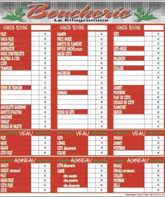 Tableau prix boucherie VBVA "Tendance" 40 x 50 cm - à l'unité