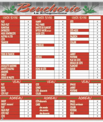 Tableau prix boucherie VBVA "Tendance" 70 x 77 cm - à l'unité