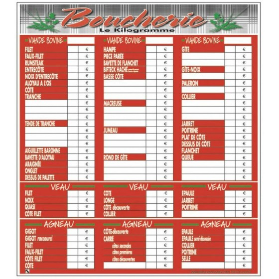 Tableau prix boucherie VBVA "Tendance" 70 x 77 cm - à l'unité