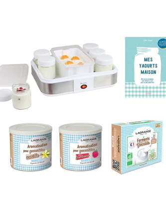 Lot yaourtière + ferments + arômes vanille et framboise + livre recettes