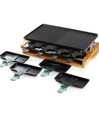 Domo Do9246g - Appareil A Raclette-grill Bamboo - 1200w - 3 Niveaux - 8 Personnes - Resistance Acier Inoxydable Domo