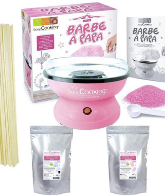 Coffret Barbe à papa - Machine + préparation rose 400 g et bleue 400 g + 100 bâtonnets Scrapcooking