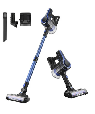 Aspirateur Balai sans Fil 4 en 1 500W bleu noir Vendos85Description produit - Aspirateur Balai sans Fil 4 en 1 500W bleu noir Vendos85 aspirateur sans fil dispose d'une tête de brosse améliorée de 7,8 pouces avec un rouleau rigide et souple 2-en-1, qui ramasse facilement les poils d'animaux, Avec le tube étendu et la brosse 2-en-1, il est facilement converti en 6 types d'aspirateur comme un aspirateur à main léger idéal pour le canapé, la voiture, les rideaux, l'écart divers et l'escalier.L'aspirateur-balai sans fil 8/14KPa est équipé d'une grande coupe à poussière de 1,3L, l'aspiration puissante assure un nettoyage complet de toute une maison pour une durée de fonctionnement maximale de 30 minutes sans aucun enchevêtrement du cordon. Un seul clic pour vider la poubelle le rend efficace et pratique. Il est facile pour les personnes âgées et celles qui ont des douleurs articulaires de nettoyer sans se pencher.Avec un système de filtration avancé entièrement étanche à 4 niveaux : filtration cyclone, filtration cylindre, filtration Hepa, filtration éponge, cet aspirateur-balai sans fil capture efficacement 99,99% des particules de poussière aussi petites que 0,1 micron pour éviter la pollution secondaire. Remarque : le filtre détachable est lavable et il existe un filtre supplémentaire en cadeau.Ce nettoyeur à manche sans fil est équipé de phares LED pour traquer facilement la poussière et les débris dans les endroits sombres. Avec une rotation flexible de 180° sur les côtés et de 90° de haut en bas, il glisse facilement sous les meubles et les armoires pour éliminer la poussière et les débris difficiles à atteindre.