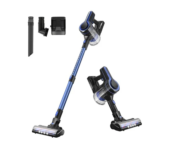 Aspirateur Balai sans Fil 4 en 1 500W bleu noir Vendos85Description produit - Aspirateur Balai sans Fil 4 en 1 500W bleu noir Vendos85 aspirateur sans fil dispose d'une tête de brosse améliorée de 7,8 pouces avec un rouleau rigide et souple 2-en-1, qui ramasse facilement les poils d'animaux, Avec le tube étendu et la brosse 2-en-1, il est facilement converti en 6 types d'aspirateur comme un aspirateur à main léger idéal pour le canapé, la voiture, les rideaux, l'écart divers et l'escalier.L'aspirateur-balai sans fil 8/14KPa est équipé d'une grande coupe à poussière de 1,3L, l'aspiration puissante assure un nettoyage complet de toute une maison pour une durée de fonctionnement maximale de 30 minutes sans aucun enchevêtrement du cordon. Un seul clic pour vider la poubelle le rend efficace et pratique. Il est facile pour les personnes âgées et celles qui ont des douleurs articulaires de nettoyer sans se pencher.Avec un système de filtration avancé entièrement étanche à 4 niveaux : filtration cyclone, filtration cylindre, filtration Hepa, filtration éponge, cet aspirateur-balai sans fil capture efficacement 99,99% des particules de poussière aussi petites que 0,1 micron pour éviter la pollution secondaire. Remarque : le filtre détachable est lavable et il existe un filtre supplémentaire en cadeau.Ce nettoyeur à manche sans fil est équipé de phares LED pour traquer facilement la poussière et les débris dans les endroits sombres. Avec une rotation flexible de 180° sur les côtés et de 90° de haut en bas, il glisse facilement sous les meubles et les armoires pour éliminer la poussière et les débris difficiles à atteindre.