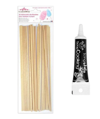 25 bâtonnets pour Barbe à papa + Stylo de glaçage noir Scrapcooking