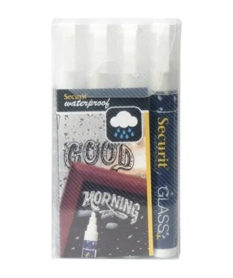 Marqueurs craie waterproof Securit (verre+ ardoise) pointe 2-6mm blancs (lot de 4)