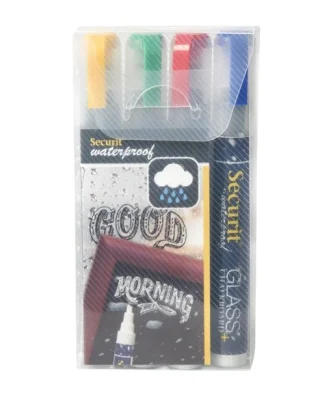 Marqueurs craie waterproof Securit (verre+ ardoise) pointe 2-6mm rouge, vert, jaune, bleu (lot de 4)