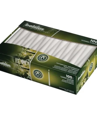 Bougies effilées Bolsius 254mm blanches (Lot de 100)