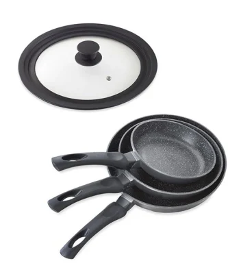 Lot 3 Poêles avec revêtement Dur comme la pierre 20 à 28 cm et Couvercle multi-diamètres Mathon