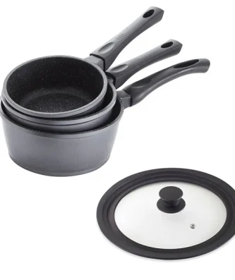 Lot 3 casseroles Dur comme la pierre 16,18 et 20 cm et couvercle multi-diamètres Mathon