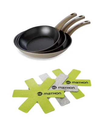 Batterie de cuisine poêles anti-adhérentes Prestige doré 20, 24 et 28 cm et 3 feutrines Mathon
