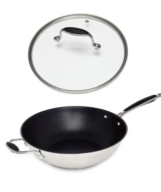 Lot wok inox antiadhérent et couvercle verre 30 cm Excell'Inox Mathon