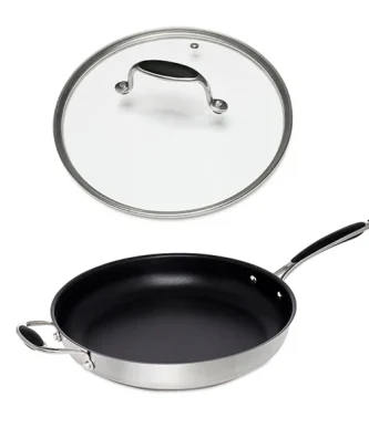 Lot poêle inox antiadhérent et couvercle verre 32 cm Excell'Inox Mathon