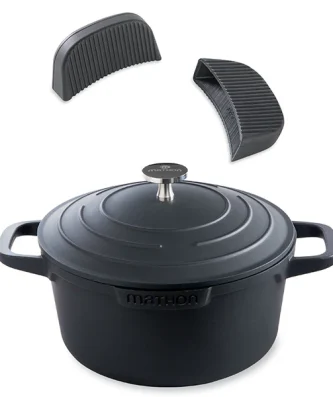 Lot cocotte légère ronde en fonte d'aluminium 20 cm et deux maniques silicone Mathon