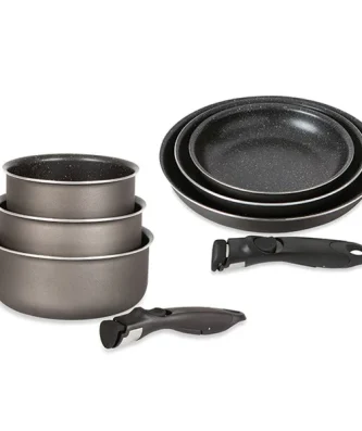 Lot 3 casseroles et 3 poêles anti-adhésives Effet Pierre et 2 manches amovibles Mathon