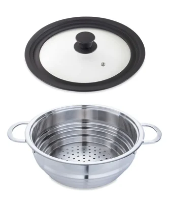 Lot panier vapeur multidiamètre 20, 22, 24 cm et couvercle en verre multidiamètre Mathon