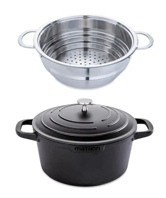 Lot cocotte légère ronde fonte aluminium 24 cm 4,5 L et panier vapeur multidiamètre Mathon