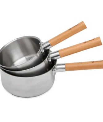 Lot de 3 casseroles tout inox manche bois Natural’Inox 16, 18 et 20 cm Mathon