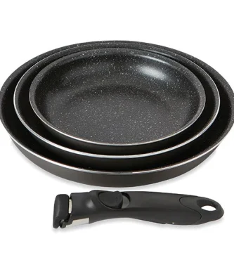 Set 3 poêles anti-adhésives Effet Pierre et manche amovible Mathon