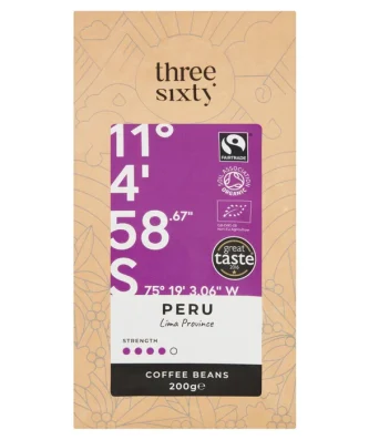 ThreeSixty Fairtrade Organic Peru Lima Province Coffee Beans 200g