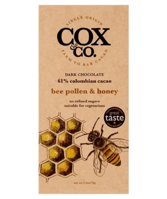 Cox & Co. Bee Pollen & Honey, 61% Dark Chocolate Bar 70g