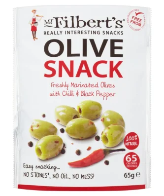 Mr Filberts Olive Snacks Pitted Green Olives with Chilli & Blackpepper 65g