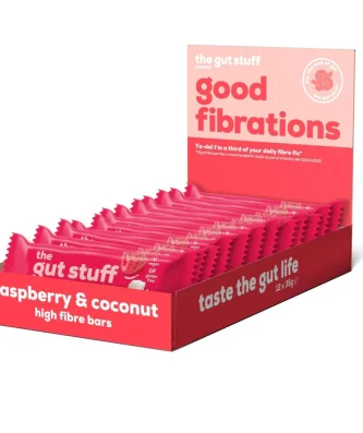 The Gut Stuff Good Fibrations Raspberry & Coconut High Fibre Box of Bars 12 x 35g