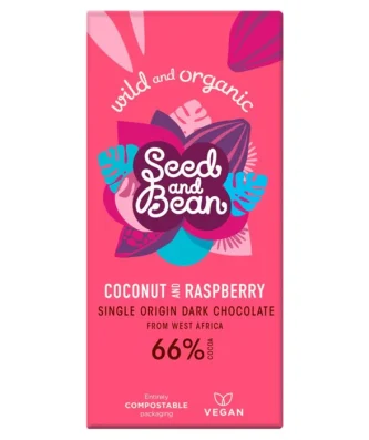 Seed & Bean Organic Sao Tome Dark Choc 66% Coconut & Raspberry 85g