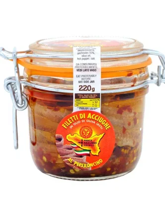 Anchovy Fillets in Olive Oil and Chilli Pepper in airtight Jar 220 gr