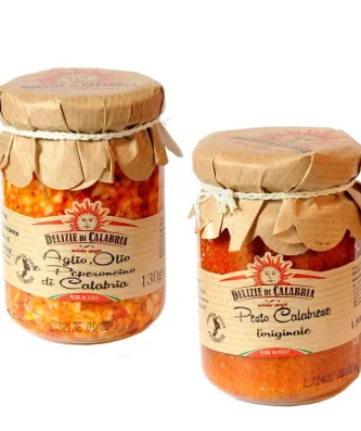 Delizie di Calabria Sauces: Pesto Calabrese and Garlic Oil and Calabrian Chilli Pepper sauce 130 gr x 2