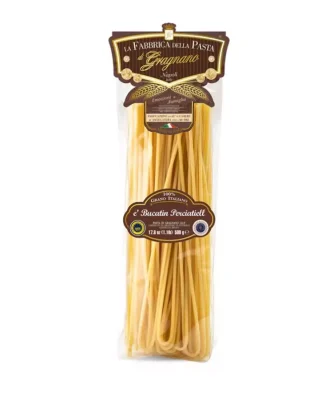 Bucatini are a long pasta format typical of Central Italy, in particular in the area around Rome. They are similar to large perforated spaghetti and are usually combined with simple sauces but with strong flavors, such as cheese and pepper or the famous Amatriciana. The Bucatini Pasta di Gragnano PGI of the Fabbrica della Pasta are produced according to the dictates of the high family tradition, using the best coarse-grained semolina of first extraction kneaded with the water of the Monti Lattari spring. The bronze drawing and the long and gentle drying at low temperature help to create a unique and high quality product.  Important information: The information about the products published on our website may change for reasons beyond our control, so there might be some differences between the information that you can find on our website and the one given on the delivered products. We invite you to always check the information written on the products before using it.