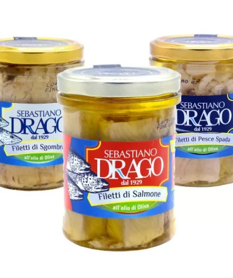 Fish Fillets in Olive Oil Sebastiano Drago: Mackerel, Salmon, Swordfish 200 gr x 3