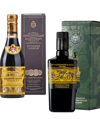 Giusti and Varignana Set: Balsamic Vinegar of Modena IGP 4 Gold Medals 250 ml and Extra Virgin Olive Oil Stiffonte 500 ml