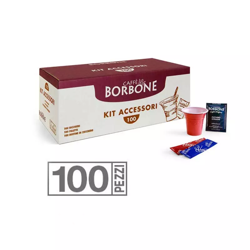 Kit 100 pieces cups, stirrers and sugar bags Caffè Borbone
