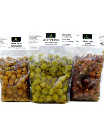 Quattrociocchi Olives Trio: Crushed Olives, Pitted Green Olives and Dried Black Olives in Olive Oil 500 gr x 3
