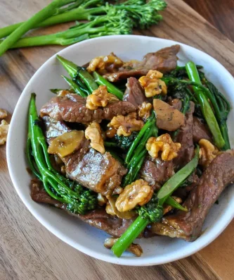Fusion Chinese Beef and Broccolini with Honey Walnuts